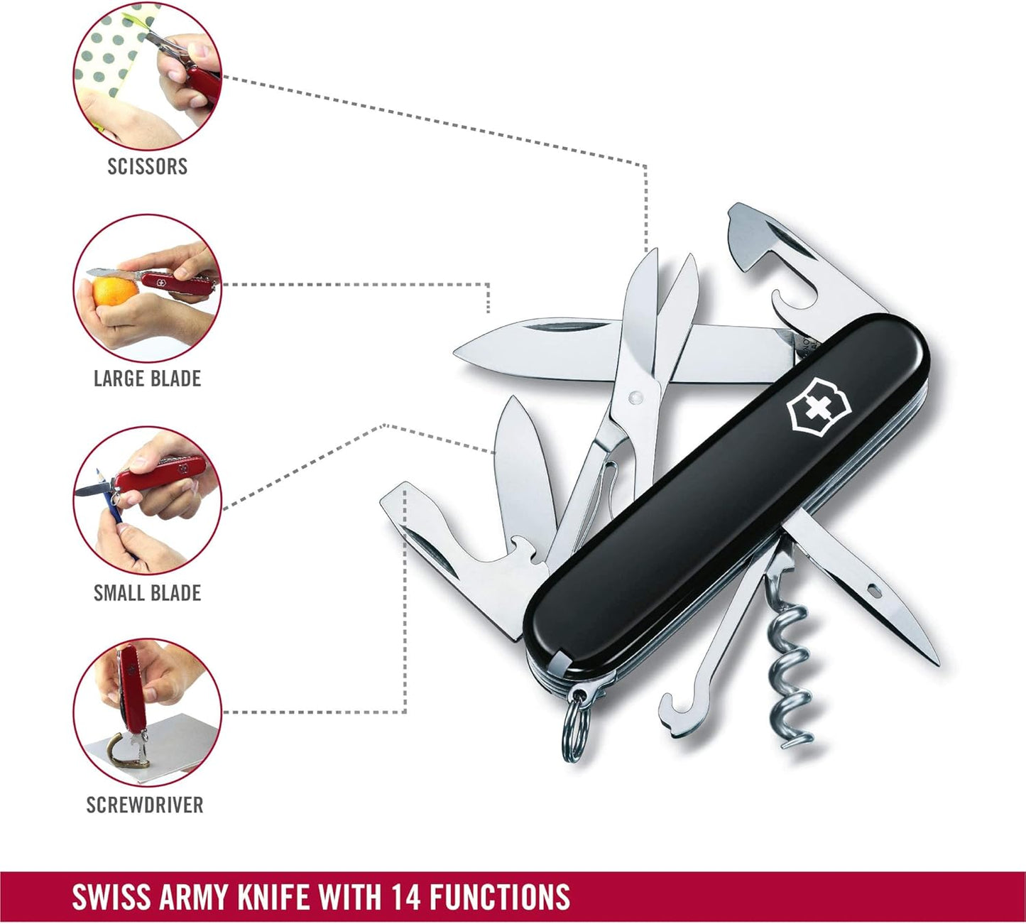 Victorinox Climber Swiss Army Knife, 14 Function Swiss Made Pocket Knife with 2 Blades, Corkscrew and Screwdriver - Black