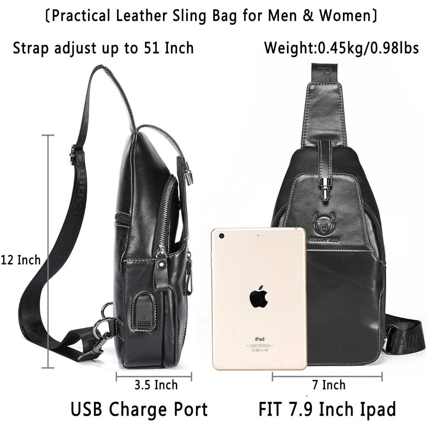 Genuine Leather Sling Bag Mens Crossbody Backpack for Hiking Casual Daypack Shoulder Chest Bag with USB Charging Port (Black)