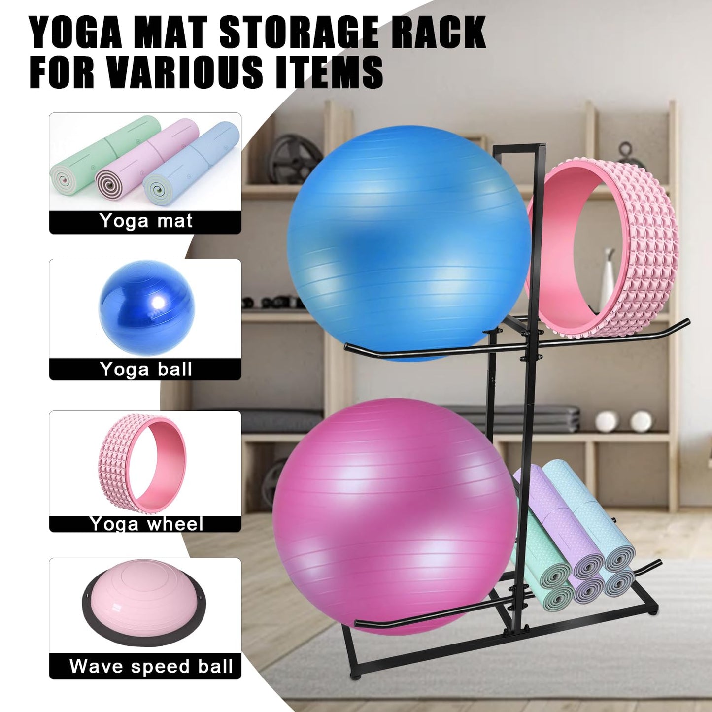 Exercise Ball Holder,Stability Ball Rack, Exercise Ball and Balance Ball Storage Racks Suitable for Yoga Ball Stability Ball Yoga Mats Home and Commercial Gym 