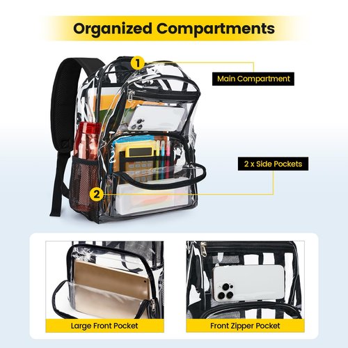 Vorspack Clear Backpack Heavy Duty - Large Transparent Bookbag for Adults, See Through Backpack for College, Work, Travel - Black