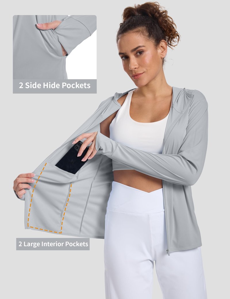 CHALLMOTI Women's Sun Protection Jacket Zip up Hoodie Lightweight Long Sleeve UV Cover Up Hiking Shirt UPF 50+ Grey M
