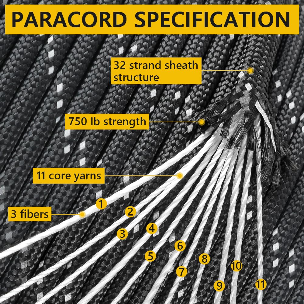 750Ib Reflective Paracord Rope, 1000', 4mm 11 Strand Parachute Spool Cord with Collecting Bag, para Cord Lanyard for Clothsline, Hammock, Camping, Hiking and Survival
