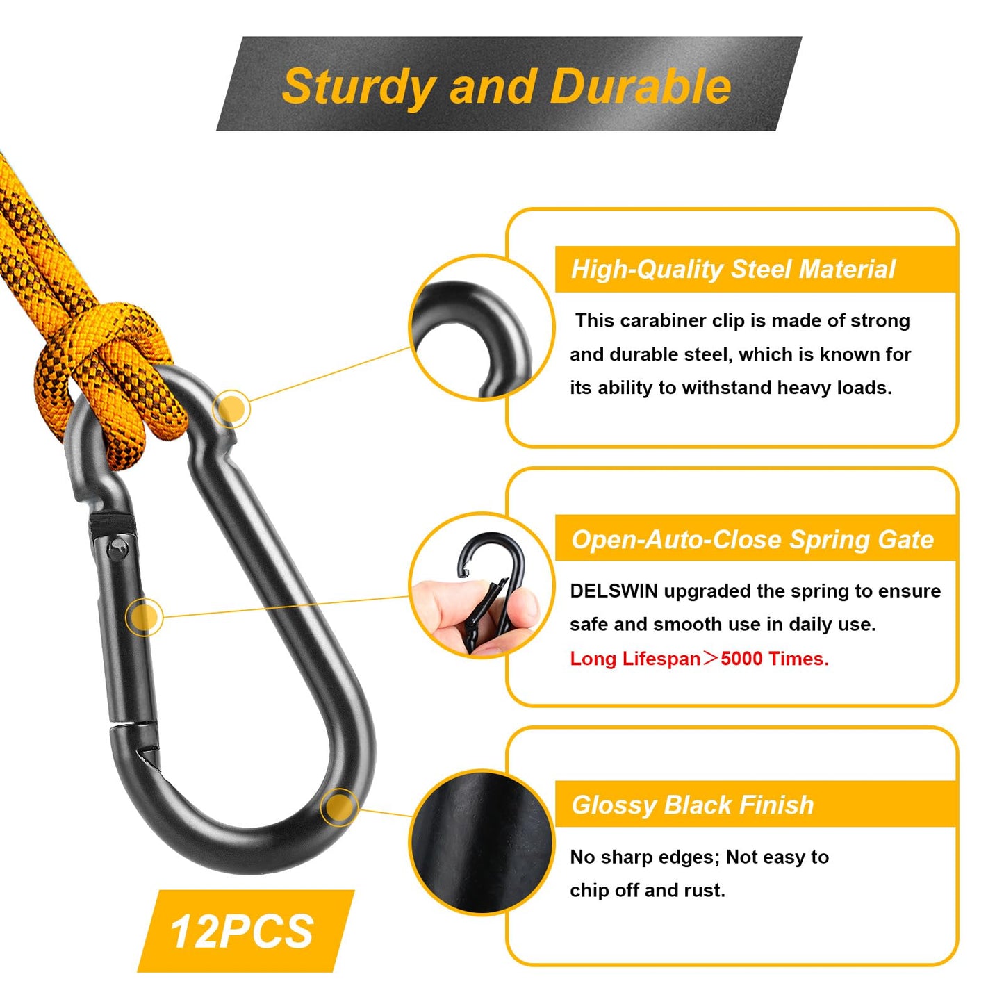 DELSWIN 6 Pcs Heavy Duty 3" Black Carabiner Clip and 12 Pcs Spring Snap Hook