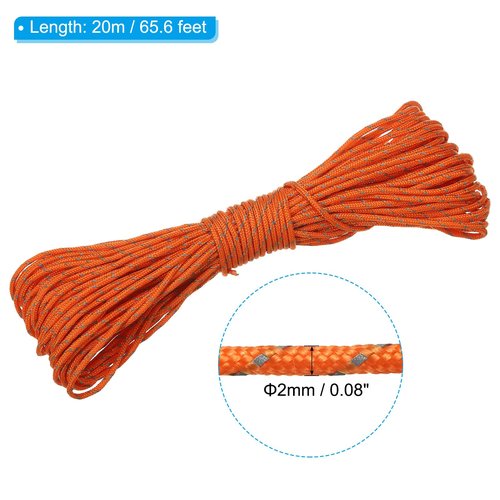 PATIKIL 65 Feet Reflective Guyline Camping Paracord, 2mm Tent Cord Guyline Rope Nylon Paracord Rope for Camping Tent Tarp Hiking, Orange (20M)