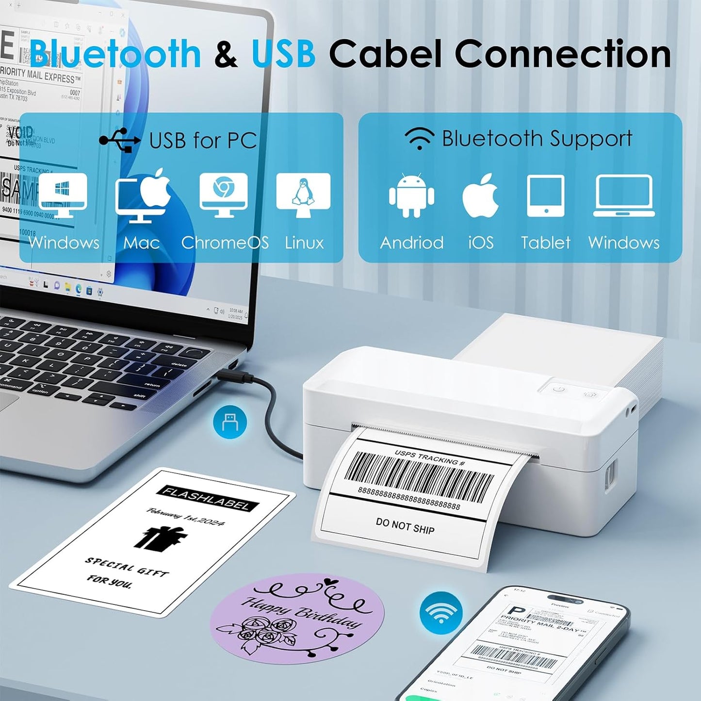 Shipping Thermal Label Printer, 4x6 Portable Label Printer, Bluetooth Label Maker for Small Business, Support iPhone,Android,Windows,Mac,Chromebook,Works with USPS, Ebay,Shopify&More, Black