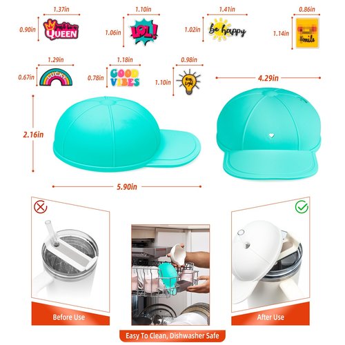 Tizuxa Baseball Cap Dustproof Lid for Stanley Cup Lid Cover, with 7pcs Cap Charms Decorative Dust Covers for Stanley 40 Oz Tumbler Silicone Stanley Cup Accessories Decoration Case - Aqua
