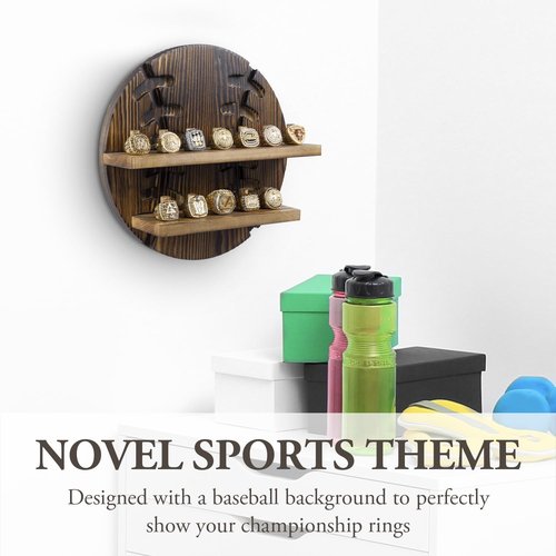 MyGift 2 Tier Rustic Burnt Wood Sports Championship Ring Holder with Baseball Cutout Backing, Wall Mounted Collectible Rings Jewelry Storage Display with 12 Pegs