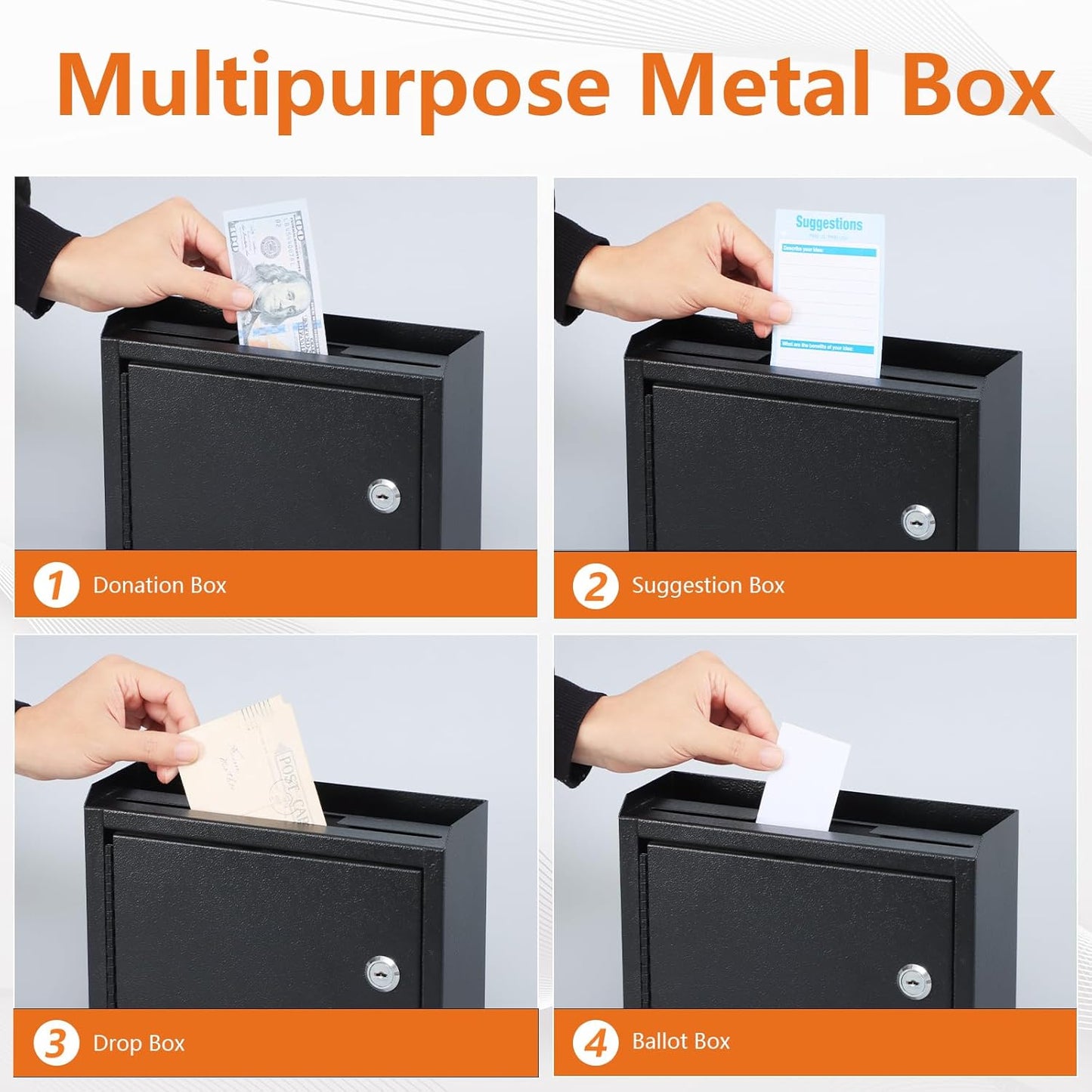 KYODOLED Suggestion Box with Lock and Slot, Small Locking Mailbox for Office, Wall Mount Safe Money/Key Drop Box with 50 Free Suggestion Cards, 9.8" W x 3" D x 7" H, Black