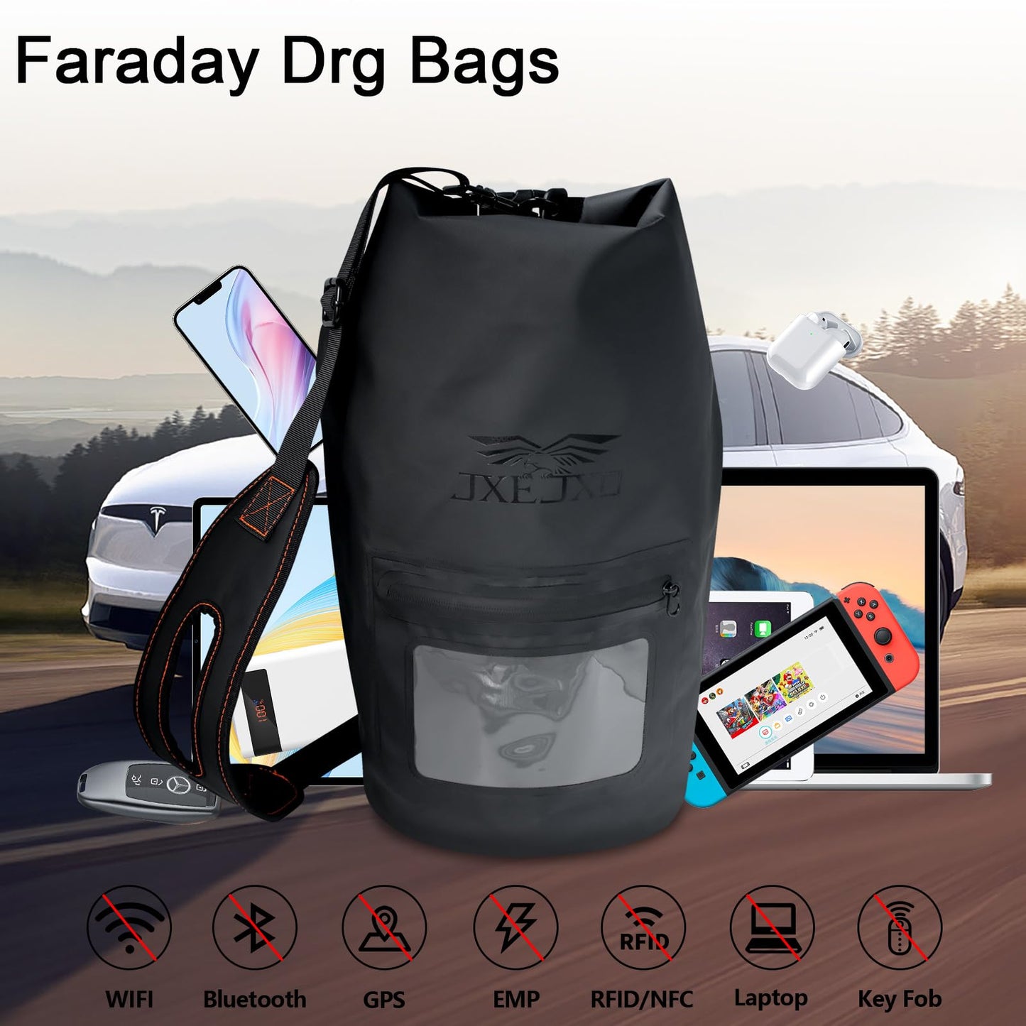 JXE JXO 15L Waterproof Faraday Dry Bag for Electronic Device Security | Military-Grade EMP & RFID Signal Blocking, Anti-Tracking & Hacking Protection, Data Privacy Shield for Mobile Devices (Matte)