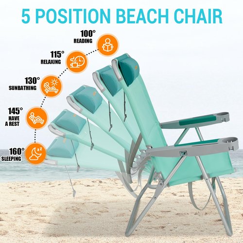 #WEJOY Beach Chairs for Adults Aluminum HeavyDuty Folding Reclining Beach Chair with 5 Positions for Outdoor Lawn, Support 300LBS Portable Camping Chair with Headrest,Cup Holder and Bottle Opener