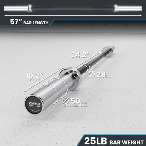 Synergee 4.8-Foot Barbell with 2” Sleeves and Collars. Rated 500lbs for Weightlifting. Available in Black.