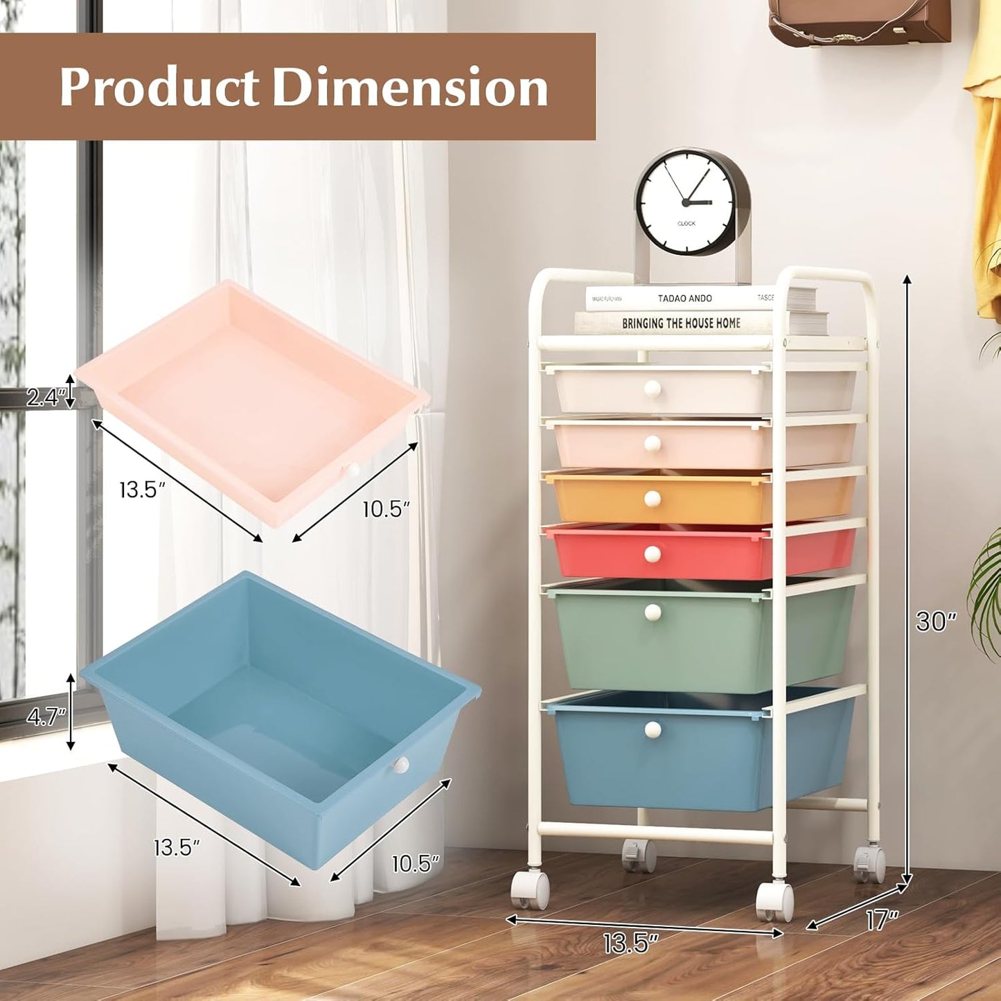 RELAX4LIFE 6-Drawer Rolling Storage Cart - Classroom Organization on Wheels w/Removable Plastic Drawers, Mobile Art Craft Cart for School Paper Home Office, Utility Cart with Drawers (Macaron)