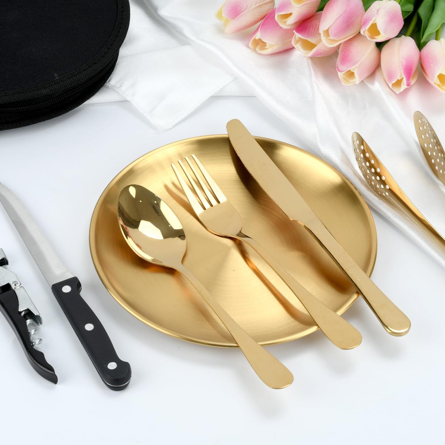 20-Piece Stainless Steel Silverware Set with Organizer, Including Plates, Knives, Forks, Spoons - Premium Outdoor Picnic Tableware for Camping (Golden)