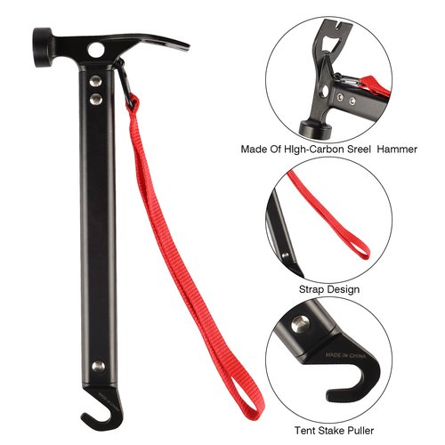 Tent Stakes Heavy Duty & Hammer Set,with 12in Tent Stake Remover +10 in Steel Tent Pegs+Storage Bag +Fluorescent Rubber Circle for Camping Used on Rocks, Grassland,Canopies (10"- 4pack & 12" Hammer)