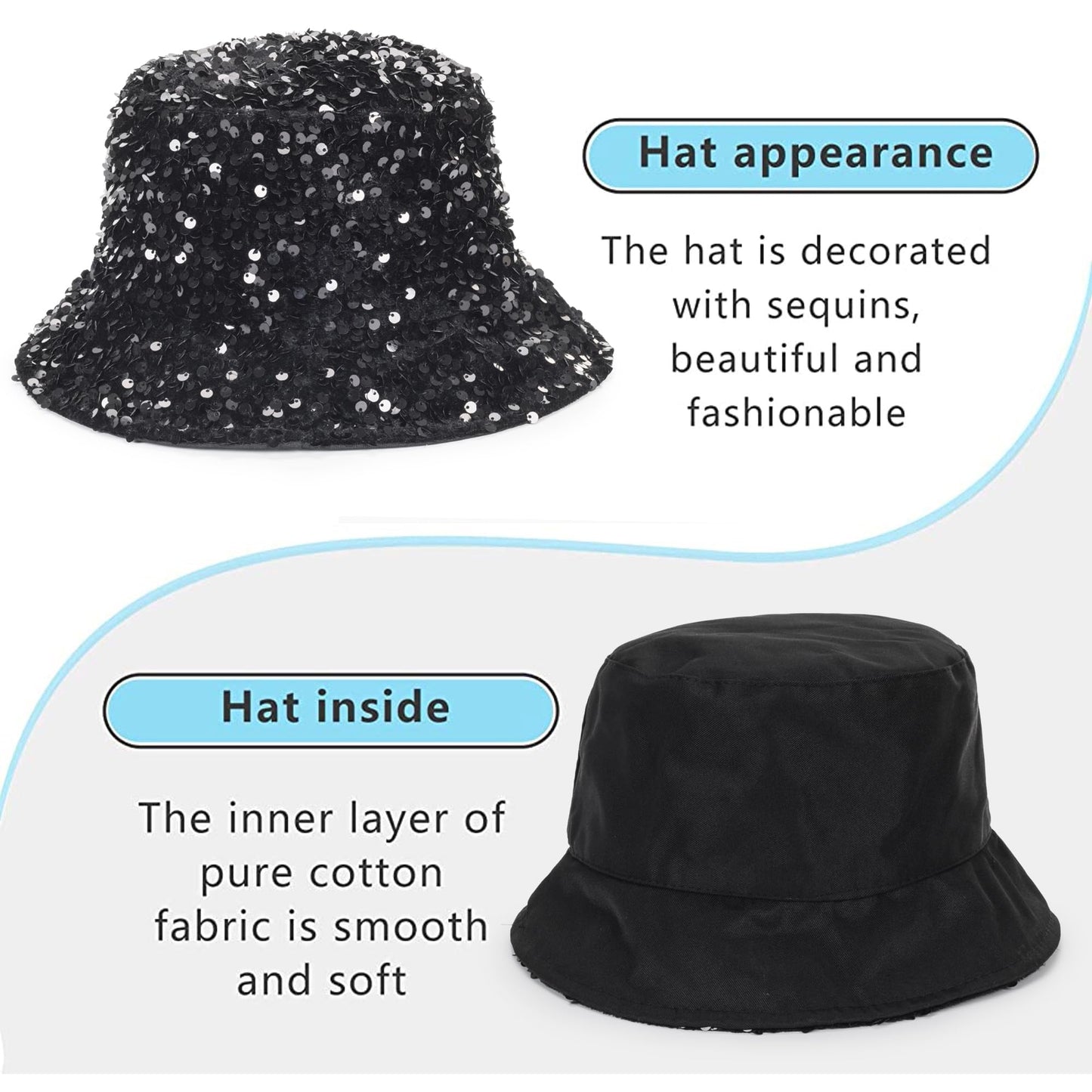 Womens Sequin Bucket Hat Beach Sun Hats for Party, Girls Teens Shiny Glitter Sequin Sun Cap for Travel Black
