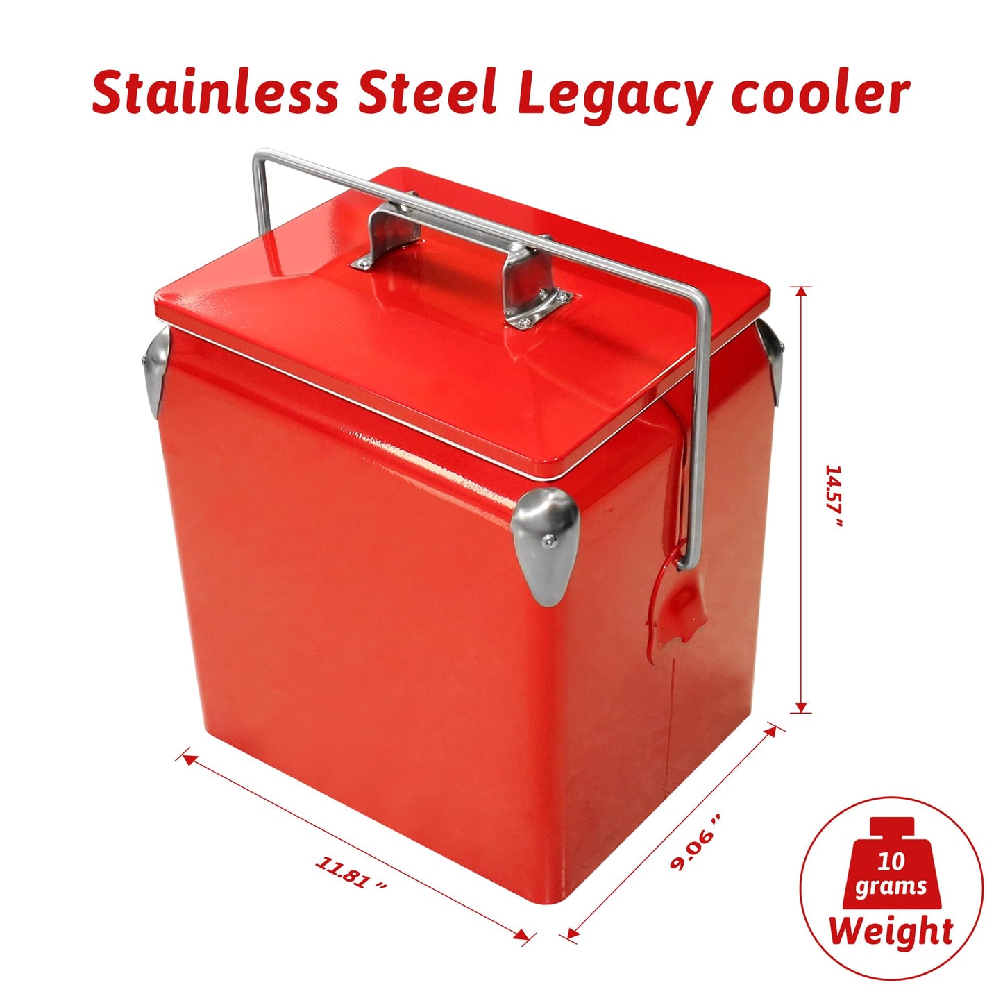 Kickleen Retro Ice Chest Cooler with Bottle Opener 13L (14Qt), Stainless Steel Vintage Style Ice Bucket for Camping, Party, Beach, Picnic, RV, BBQ, Tailgating, Fishing (Red)