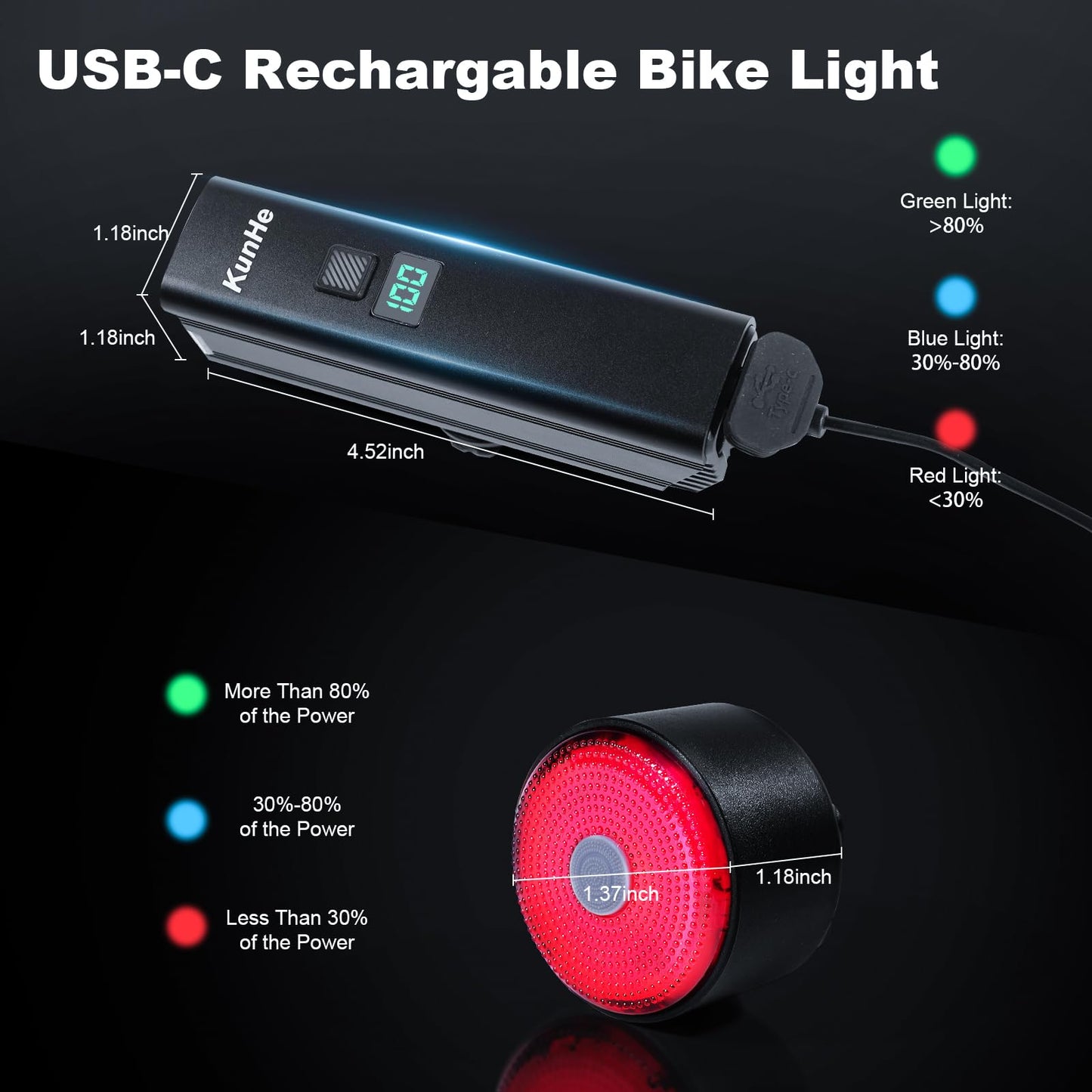 KUNHE 1200 High Lumens 4500 mAh Super Bright USB-C Rechargeable Bike Headlight & Tail Light Set Aluminium Alloy Super Bright Bike Light for Night Riding