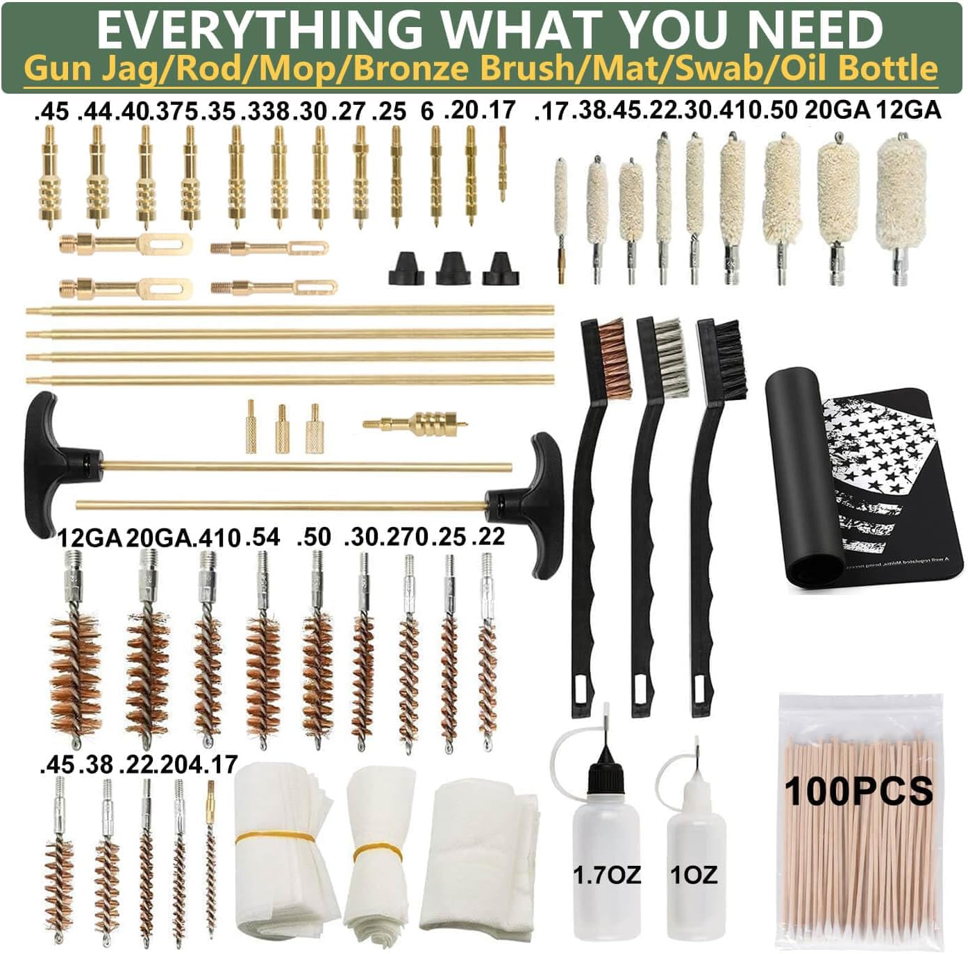 iunio Universal Gun Cleaning Kit, with Mat and Case, Full Brass Jags, Rods and Adapters, for All Guns, Rifle, Shotgun, Handgun, Pistol, Hunting, Shooting, All Caliber