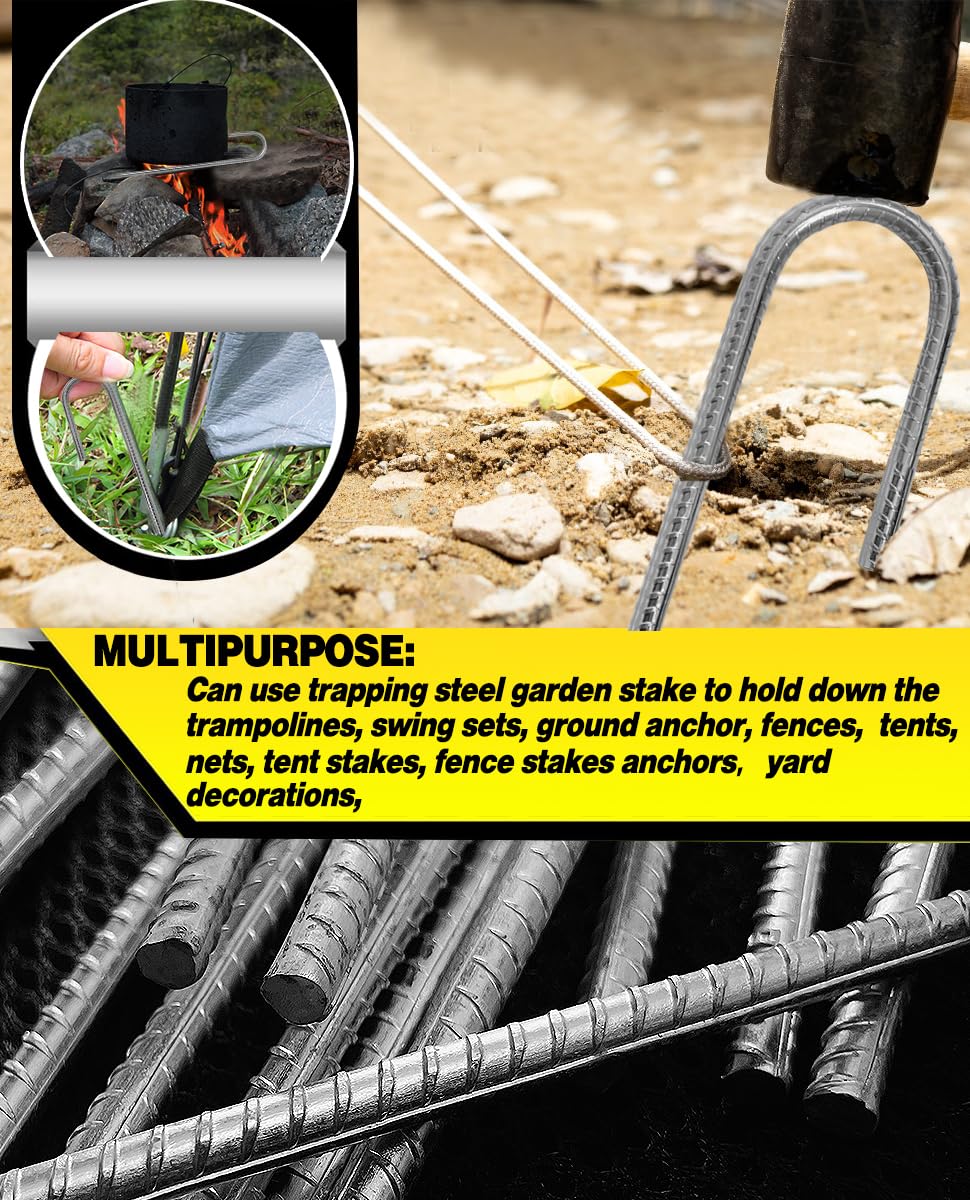 12 Inch Rebar Stakes, 8 Pack Ground Stakes J Hook Tent Stakes Heavy Duty Galvanized Anti-Rust for Camping, Garden Decorations, Drip Tubing, Artificial Turf