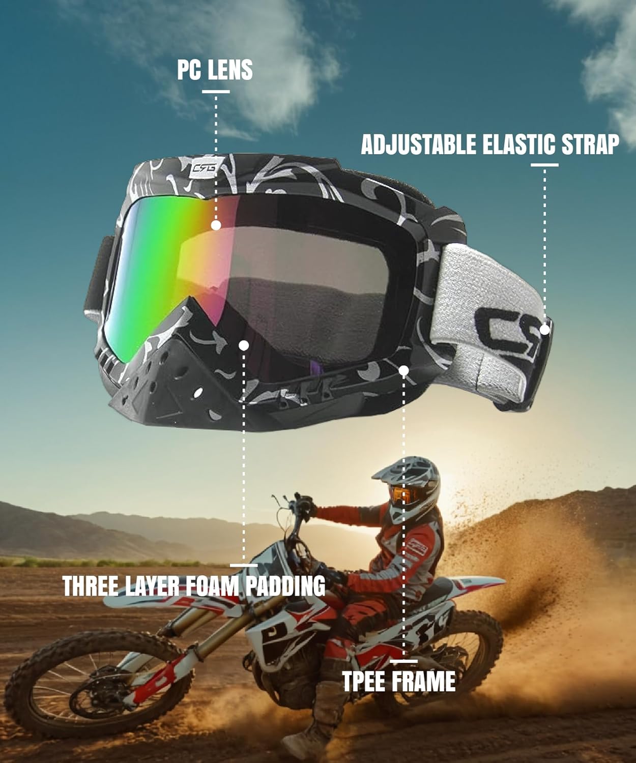 CRG Sports Motorcycle Goggle Motocross ATV Dirt Bike Off Road Racing Goggles for Man, Woman, Adult