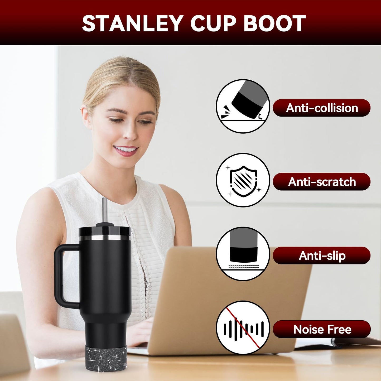 2PCS for Stanley Boot, Silicone for Stanley Cup Boot 20-40oz&for Hydroflask Boot 12-24oz Glitter for Tumbler Accessories Bottom Protector, Black