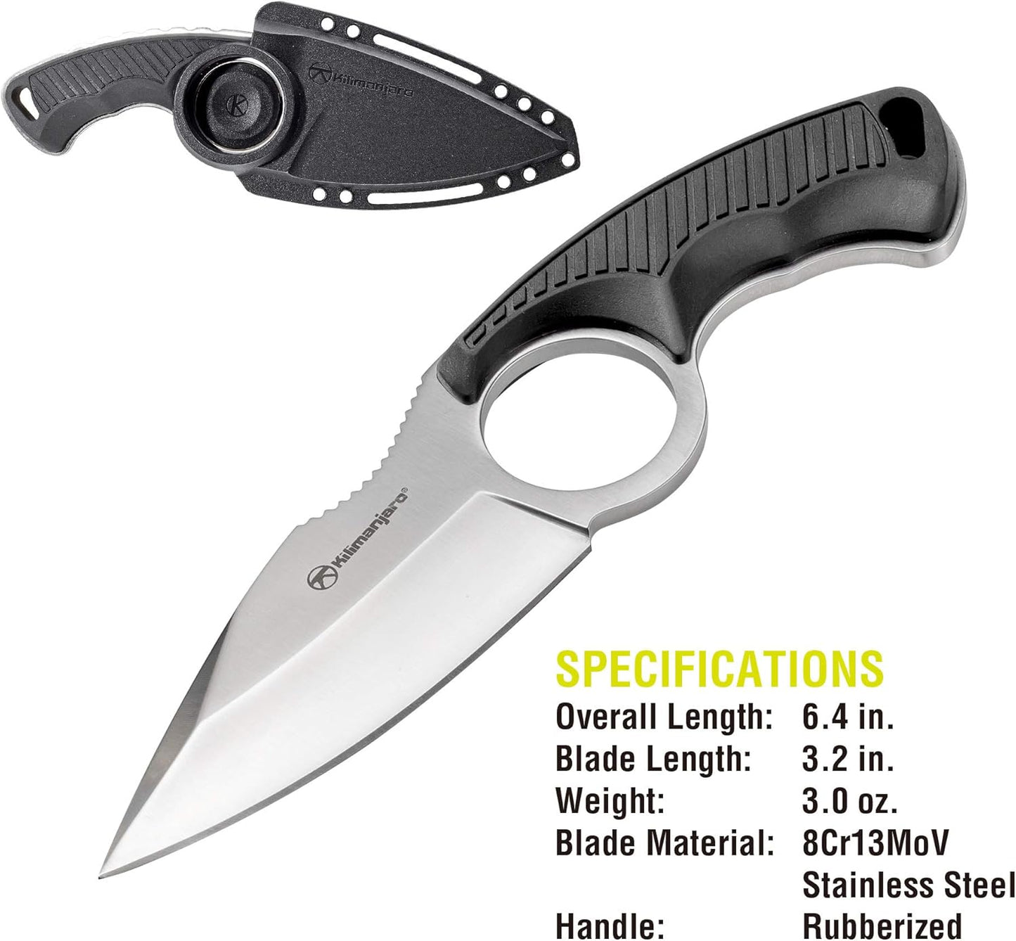 Kilimanjaro 910106 Men's Stretta Tactical Neck Knife - with 6.4-inch overall length, 8Cr13MoV Stainless Steel 3.2-inch Blade, Formed Sheath and carry chained included