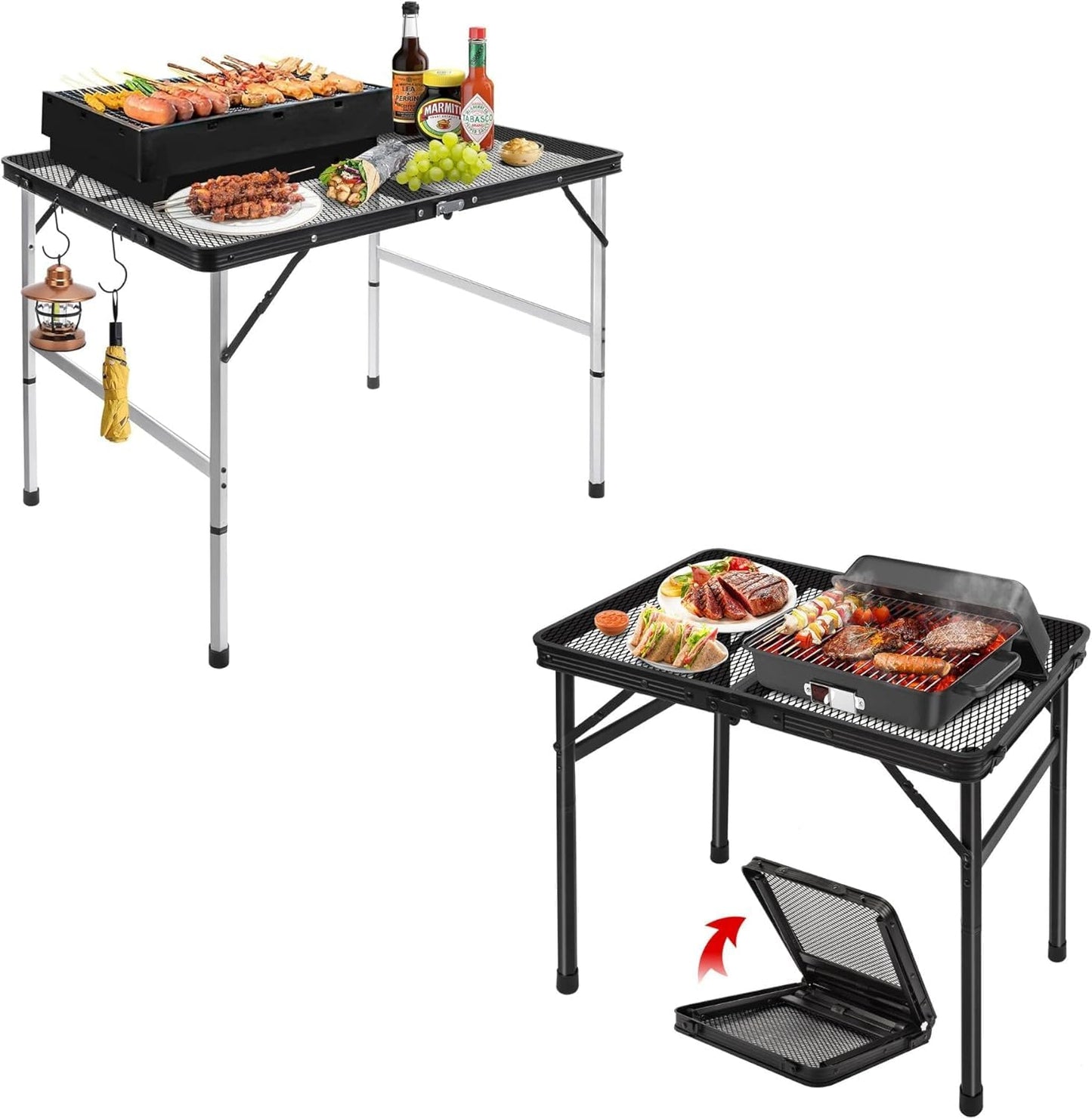 jkwokback 3ft x 2ft Grill Table Portable Camping Table and Grill Table Camping Table Portable Folding Table Outdoor Picnic Table,Height Adjustable Collapsible Table with Mesh Desktop