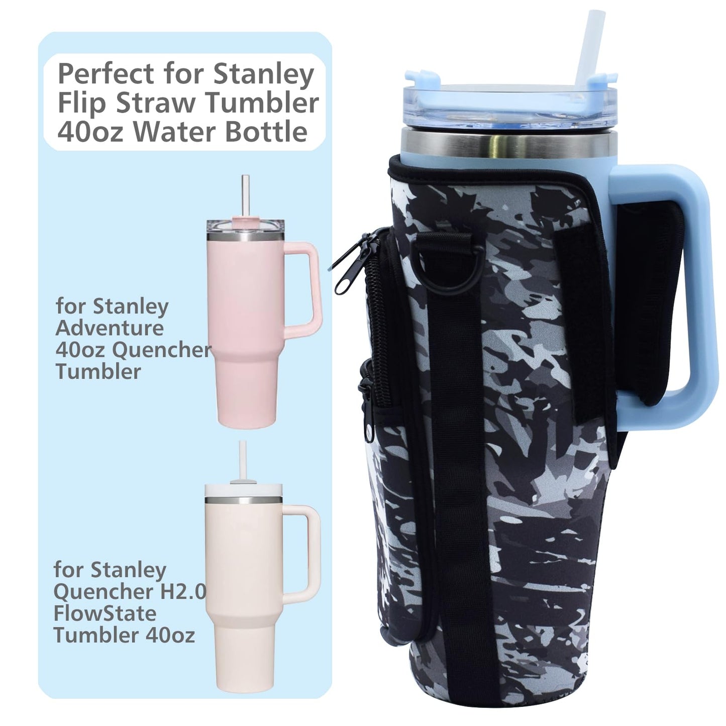 for Stanley 40 Oz Tumbler Water Bottle Carrier Bag Pouch,Stanley Cup Holder Accessories with 2 Pockets Adjustable Shoulder Strap,Sleeve Accessories for Sports Hiking Travelling Camping
