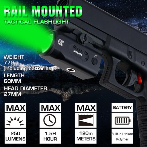 MCCC Tactical Flashlight Compact,Green Hunting Light,Magnetic Rechargeable for Pistol,Handgun,Shotguns,Airsoft,Picatinny Rail Mounted Accessories