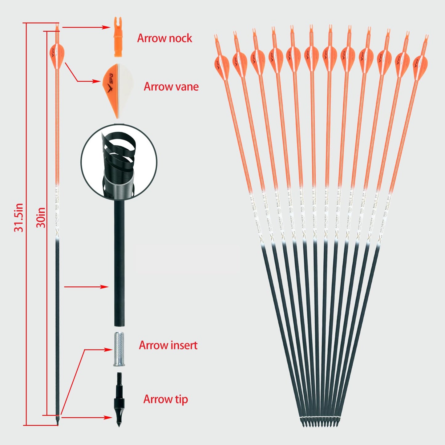 SPG Archery Arrows for Compound Bow - 30 Inch Arrows for Compound Bow, 500 Spine Carbon Compound Arrows for Recurve Bow Shooting Hunting 12 Packs (Orange)