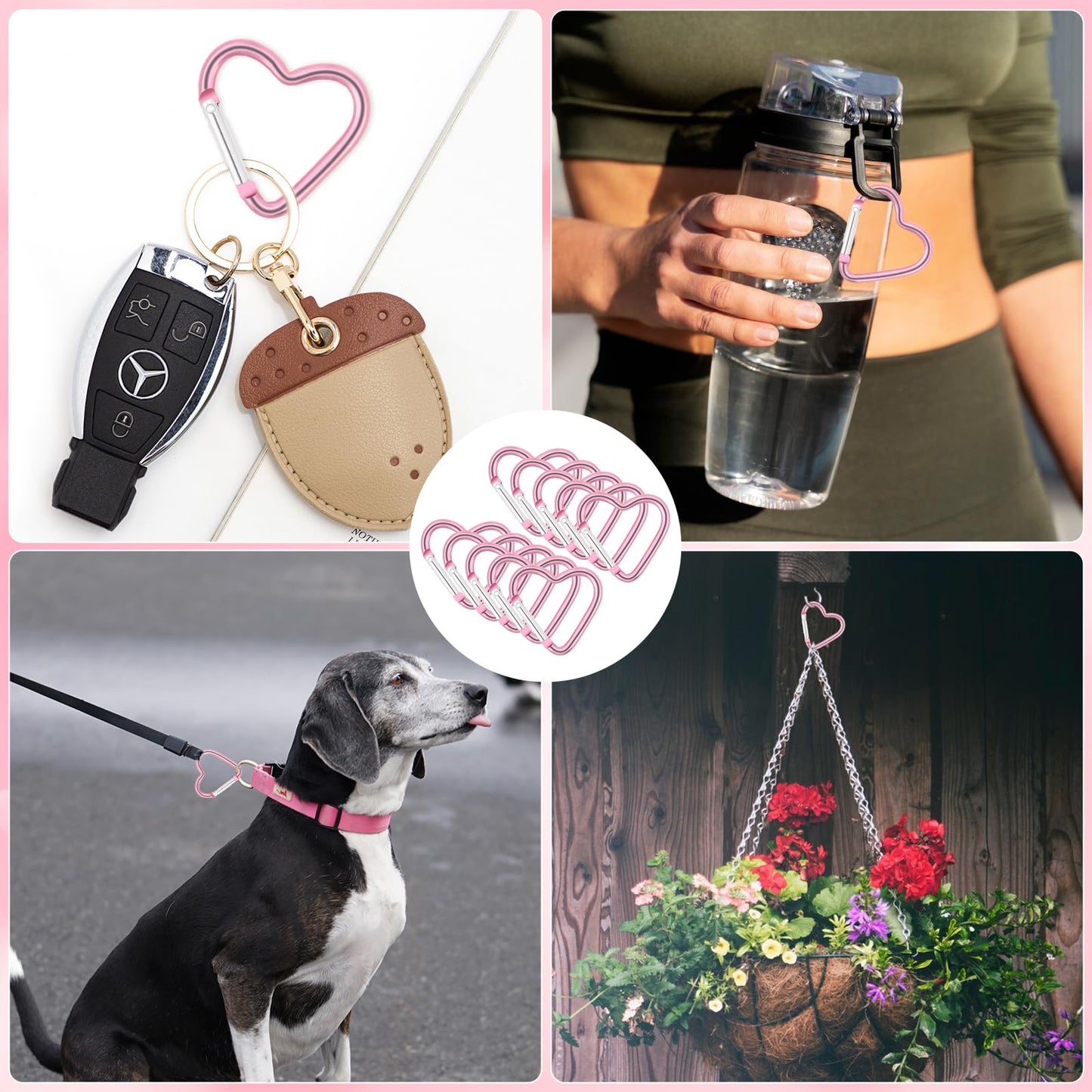 10 PCS Heart Clip Keychain Clip Aluminum Alloy Snap Clip Heart Shaped Snap Key Ring Keychain Hook for Outdoor Traveling Walking Hammock Dog Leash Water Bottles Holder Supplies, Pink