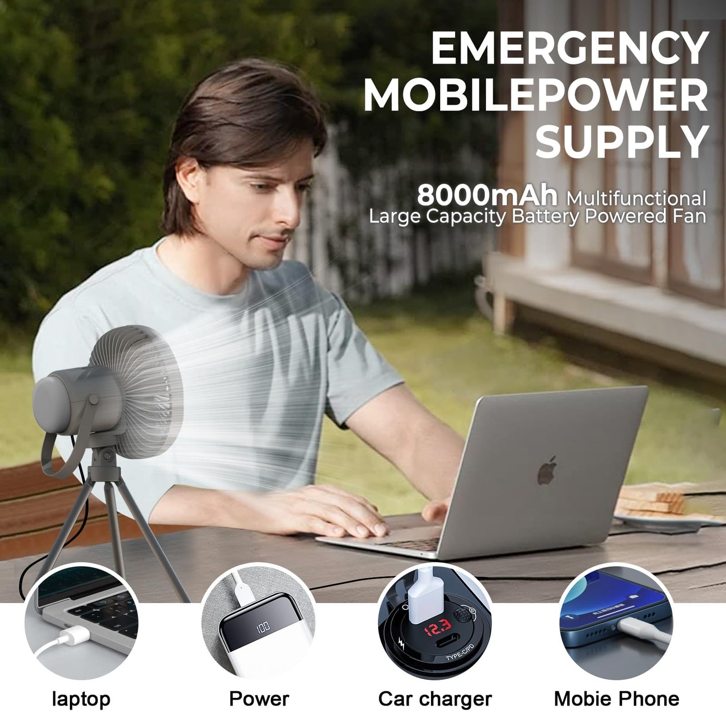 Atopskins Camping Fan with Removable Lantern, 8000mAh Battery Powered Fan with Hook, Tripod, Outdoor Rechargeable Fan Adjustable 3 Speeds Small Portable Tent Fan for Car Fishing Office Sleep