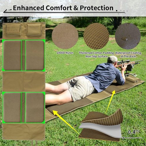 Shooting Mats Prone Padded, Extra Large Portable Roll Up Folded Waterproof Non-Slip Tactical Shooting Mat with Thickened Cotton Padding, Bipod Holder & 2 Accessory Pockets for Range Shooting Hunting