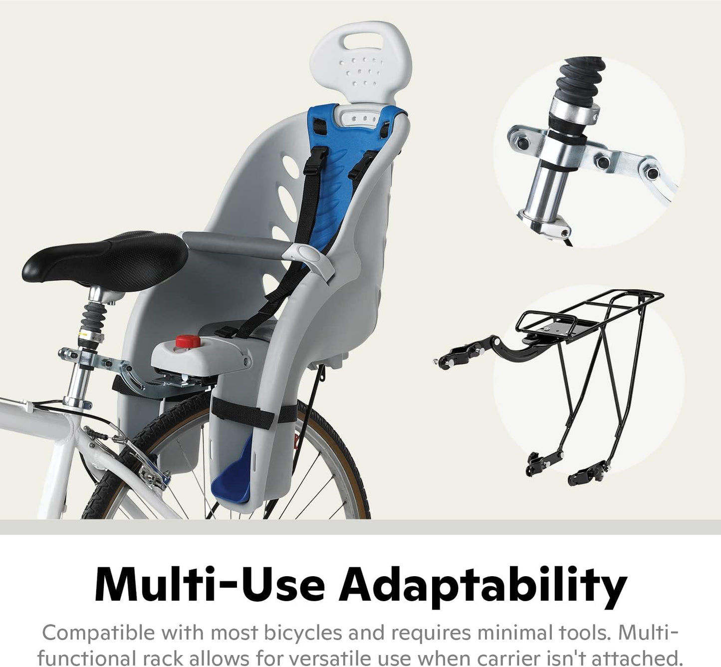 Schwinn Deluxe or Ovation Child Bike Carrier, Seats one Kid Ages 1+, Frame Mount, Adjustable Safety Harness, Quick Release Design, Comfortable Padding, Rear-Mounted Child Bike Seat for Toddler