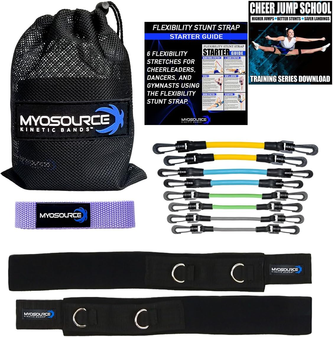 Cheer Kinetic Bands Cheerleader Flexibility and Strength Training | Improve Jumps, Stunts, Landings | 4-Level Leg Resistance Bands & 12 Stunt Strap Color Options, Digital Training Downloads