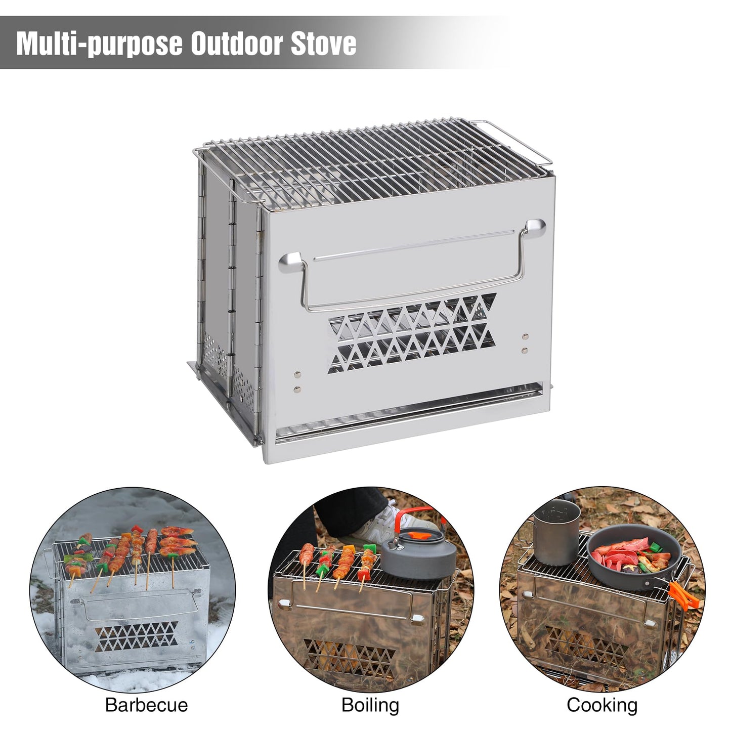 REDCAMP Wood Burning Folding Camp Stove Stainless Steel Grill, Rectangle Style Portable Collapsible Backpacking Stove Survival Rocket Stove for Hiking Outdoor Tent Camping Picnic BBQ, Large