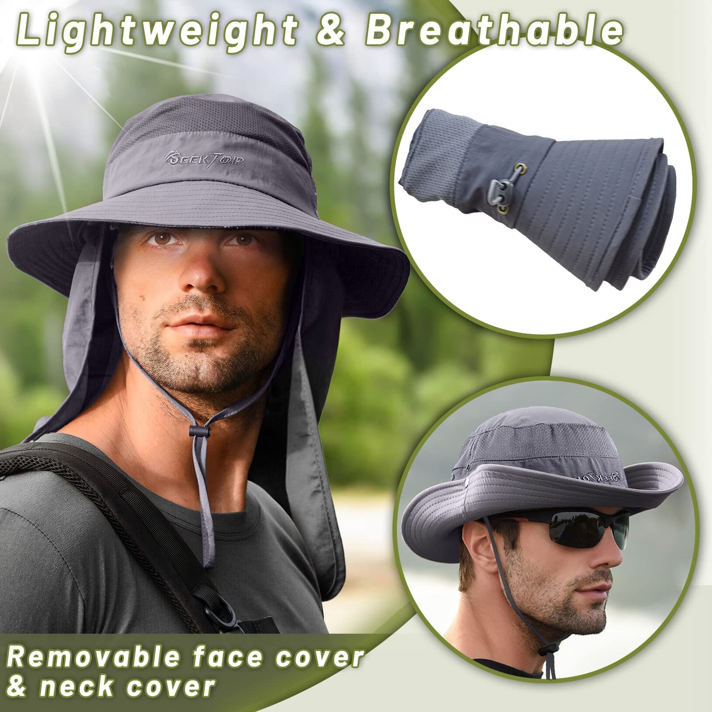 Fishing Hat for Men & Women, Outdoor UV Sun Protection Wide Brim Safari Hat with Face Cover & Neck Flap for Hiking Hats