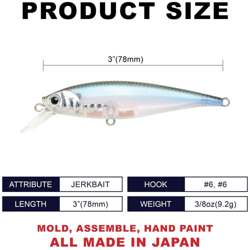 LUCKY CRAFT Pointer 78SP Fishing Lures, 3" Freshwater Bass & Trout Lures, Suspending 4ft-5ft Depth, Jerkbait, Bass Fishing Gear and Accessories, Silver Cheek Ghost Minnow