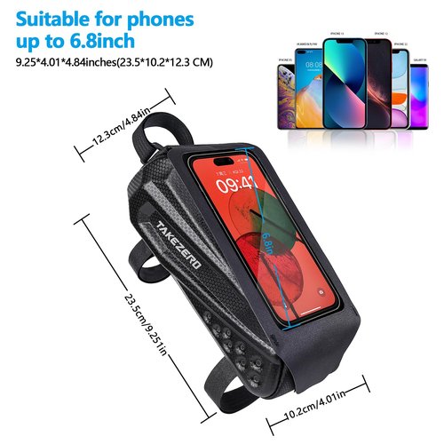 TAKEZERO Bike Frame Bag Waterproof Phone Holder Pouch Storage Bag for Bicycle (Black, 1.8L, Compatible with Phones 4-7 inches)