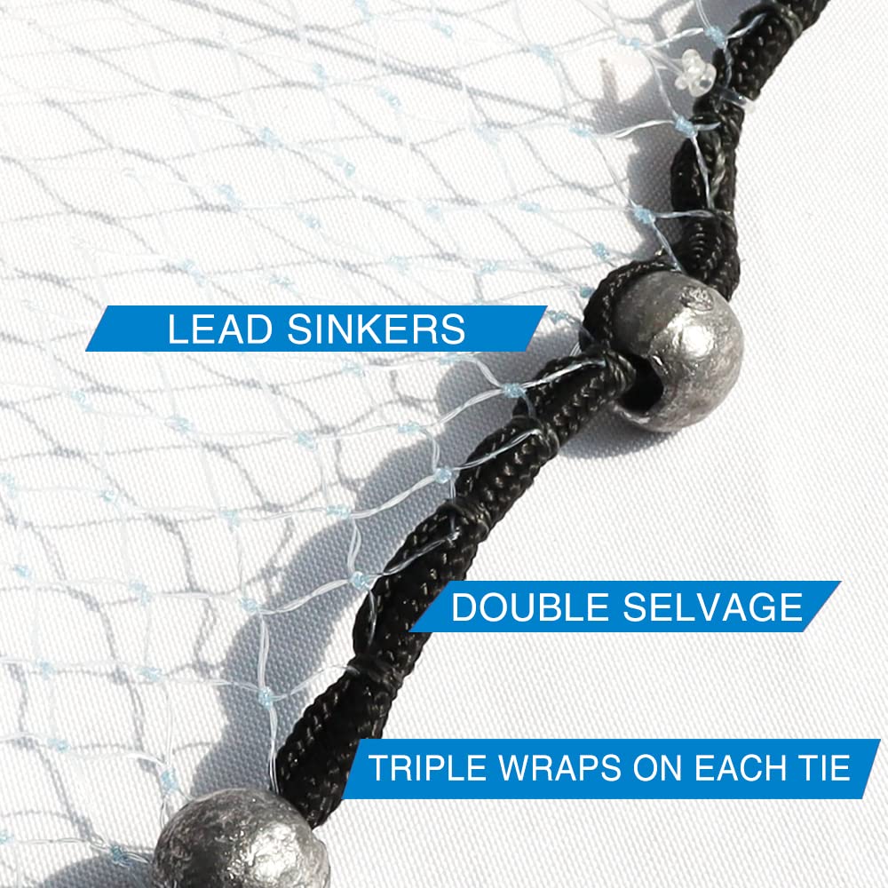 BasicGear Pancake Cast Net, 6ft Radius with 3/16 inch Mesh, Pure Lead 1.25 LB for Freshwater and Saltwater, Professional Grade and Upgraded Material, Throw Style for Bait Trap Fish