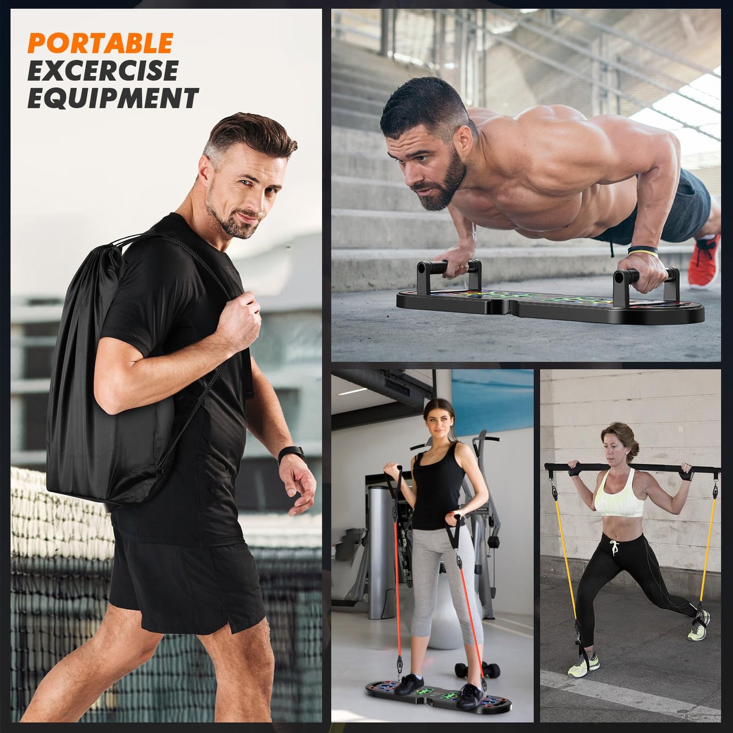 KUYOU Portable Home Gym Workout Equipment, Push Up Board, Pilates Bar & Fitness Accessories with Resistance Bands for Upper Body Strength Training Full Body Workout at Home