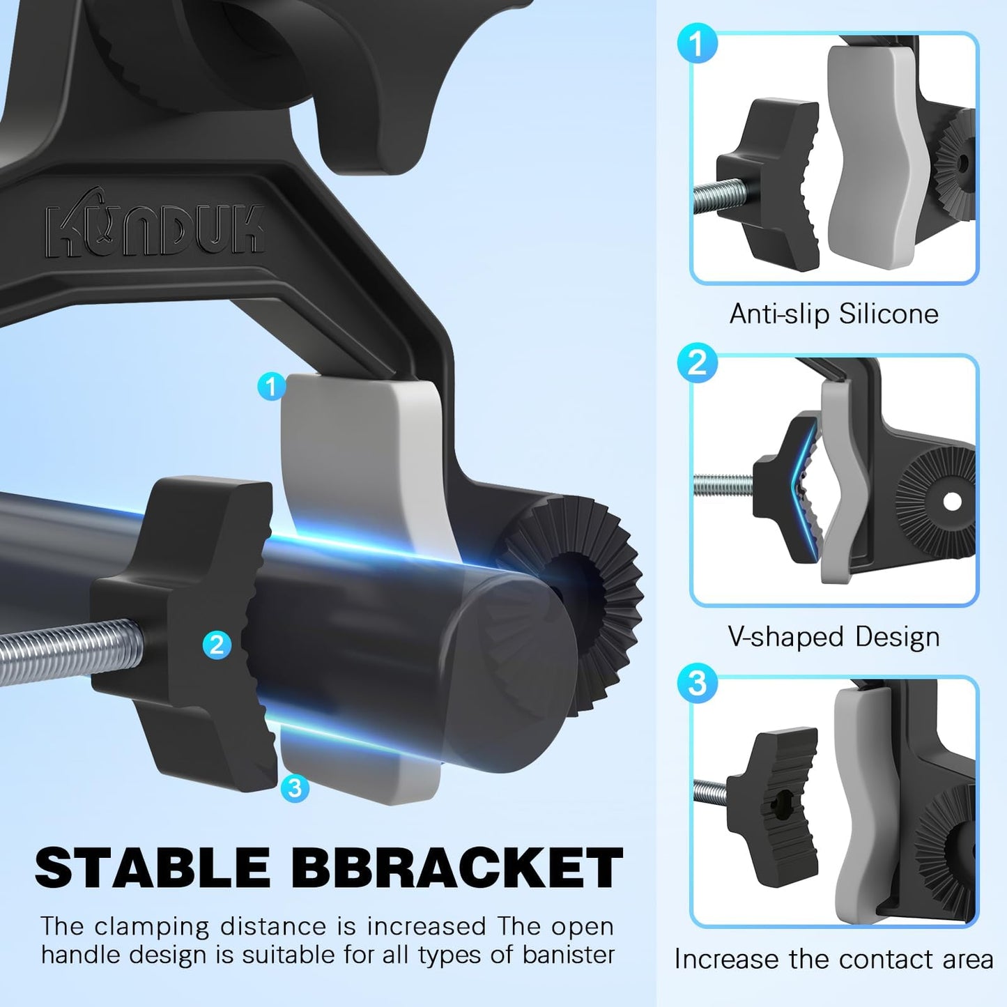 Upgraded Fishing Rod Holder with Button-Lock 360° Dual Rotation, Universal Silicone Strap & Enlarged V-Clamp – Fits Round/Square Tubes, Secure Adjustable Boat Fishing Gear for All Rod Sizes(2pack)
