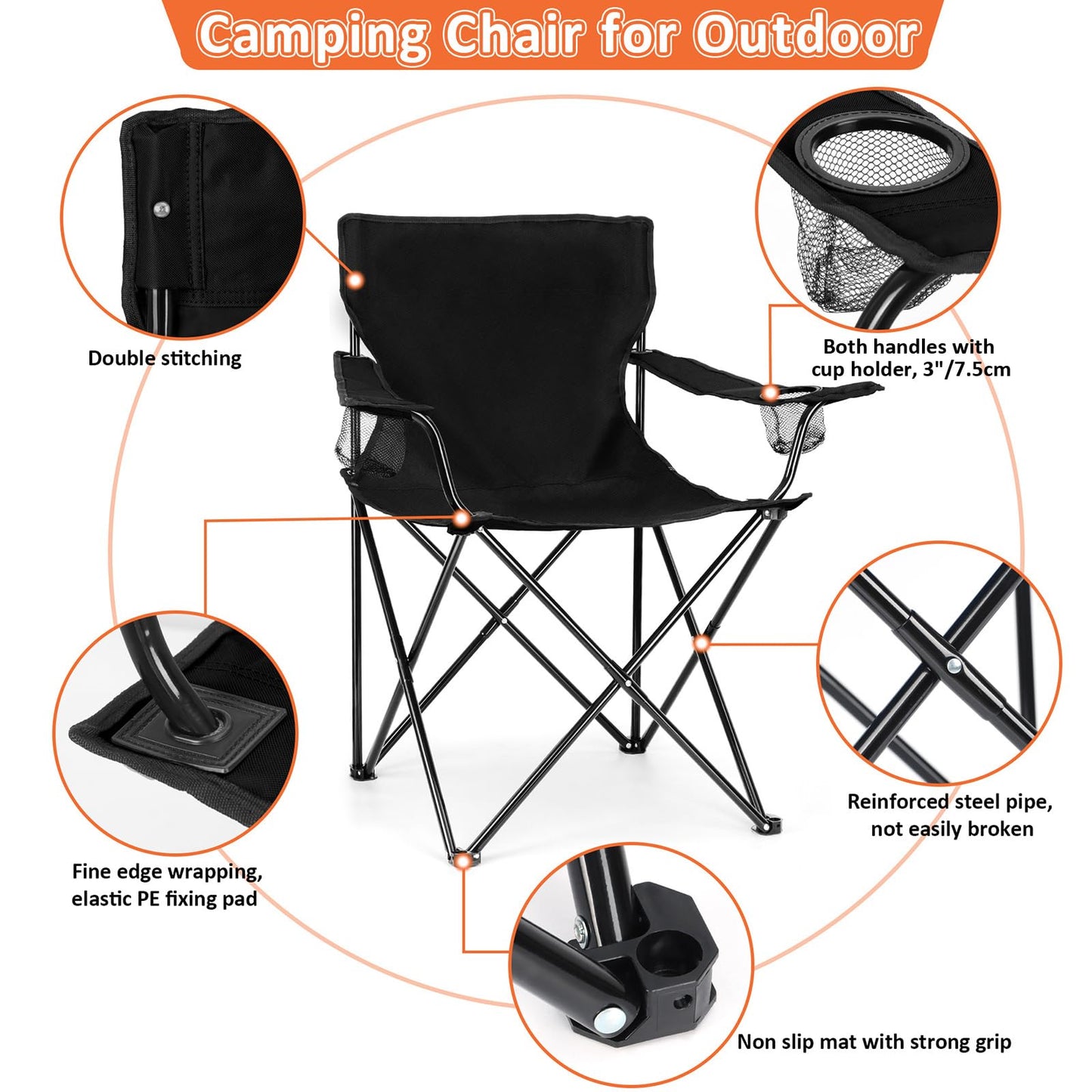 Leonyo 2 Pack Camping Chairs for Adults, Lawn Chairs with Table, Heavy Duty Folding Chairs for Outside Oversized & Comfy Sports Chair for Adults Fishing, Beach, Patio, Hiking, Lawn, Travel - Black