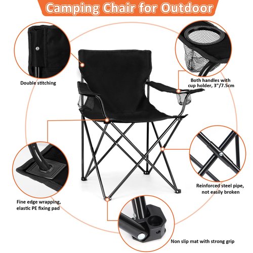 Leonyo 2 Pack Camping Chairs for Adults, Lawn Chairs with Table, Heavy Duty Folding Chairs for Outside Oversized & Comfy Sports Chair for Adults Fishing, Beach, Patio, Hiking, Lawn, Travel - Black