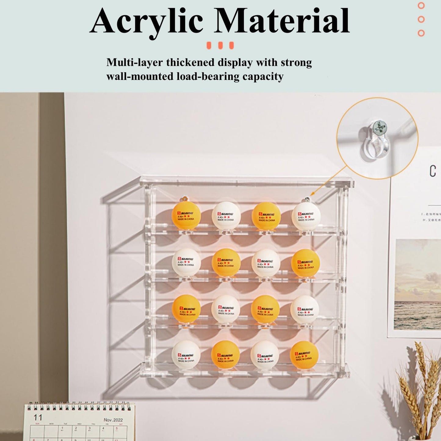2 Packs 5-Layer Acrylic Golf Ball Display Case Wall Mount Table Tennis Ball Display Shadow Box Holds 20 Balls