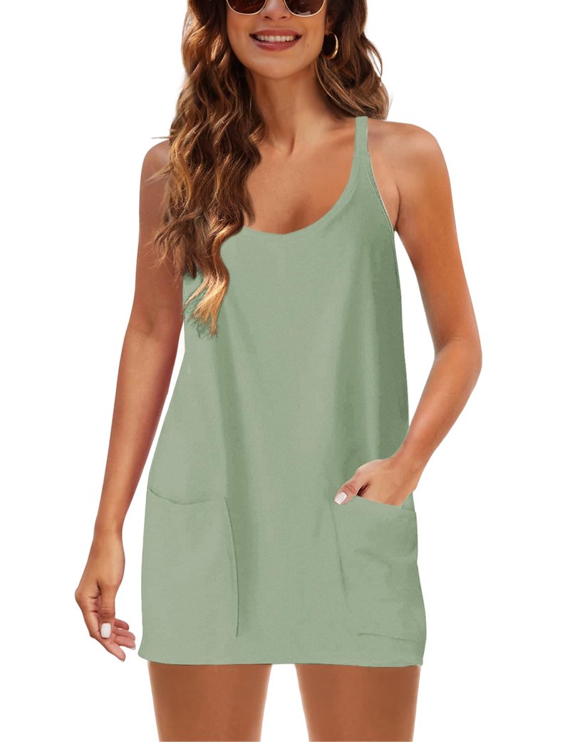 Lentta Womens Athletic Sleeveless Mini Dress with Built-in Shorts V Neck Spaghetti Strap Sundress(PeaGreen-XL)