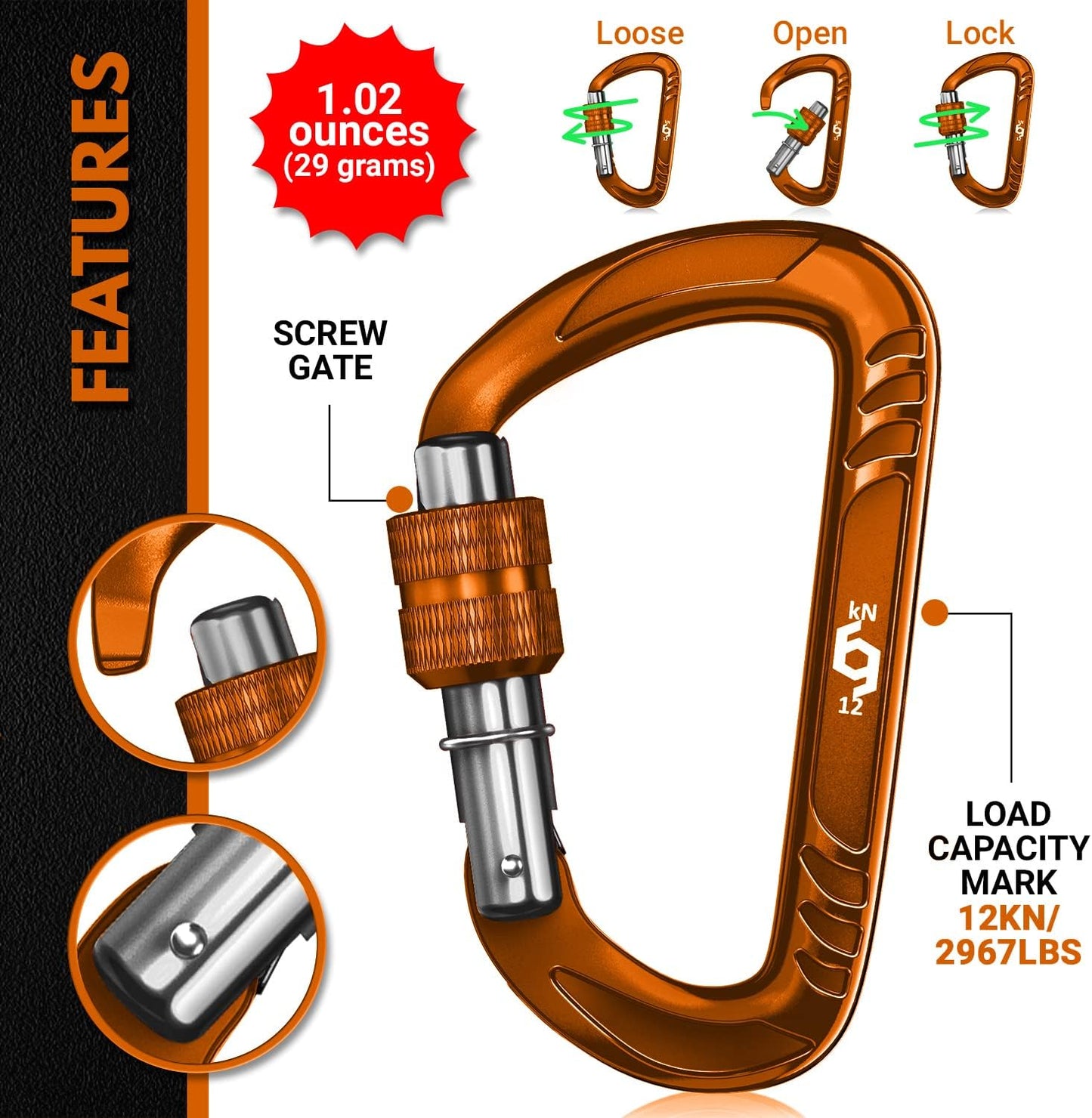 12kN (2697 lbs) Heavy Duty, Locking, Auto Locking, Wiregate Carabiner Clips, for Securing Pets, Outdoor, Camping, Hiking, Hammock, Dog Leash Harness, Keychains