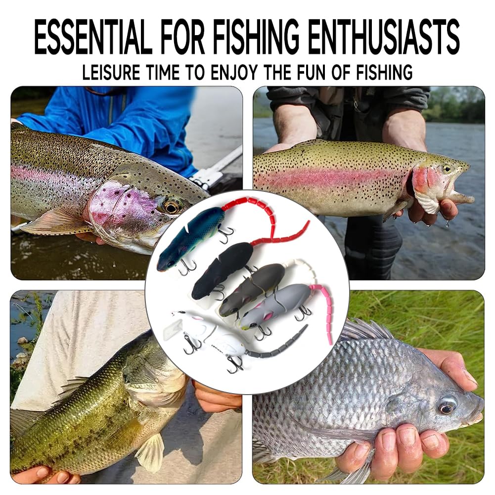 Gaderth 5pcs Mouse Fishing Lures with Treble Hooks, Multi Jointed Swimbaits, 15.5g/15.5cm Slow Sinking Minnow Artificial Fake Bait for Freshwater Saltwater Bass 5PCS