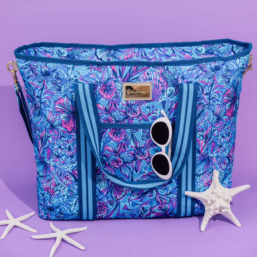 Lilly Pulitzer Blue Picnic and Beach Cooler, Insulated Bag with Adjustable Shoulder Strap and Zipper, Large Soft Cooler for Groceries or Travel, Shells N Bells