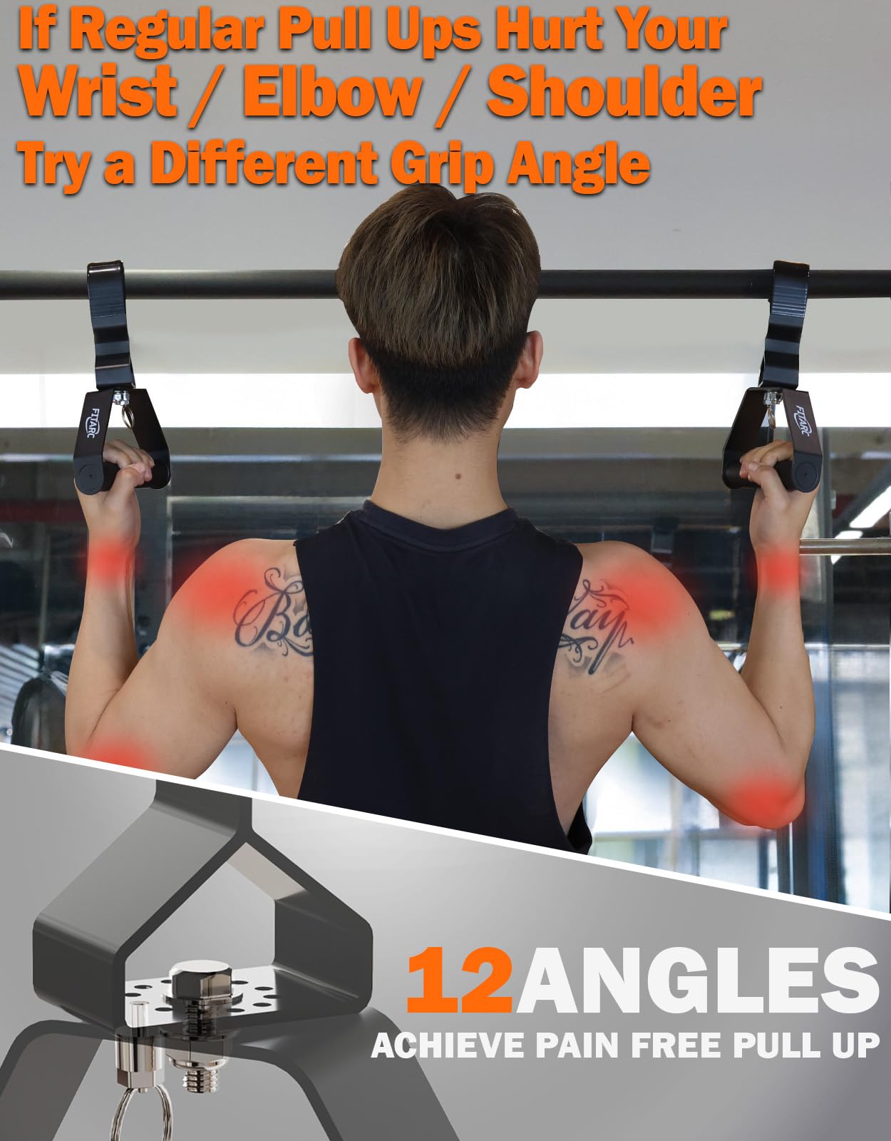 Fitarc Neutral Grip Pull Up Handles, Wrist Shoulder Elbow Friendly, 12 Angle Adjustable Lat Pulldown Handle Rowing Grips, 2Pcs, Patented